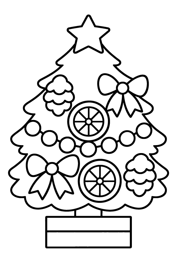 Albero di Natale da colorare: un albero di Natale con pigne, fette d'arancia e fiocchi