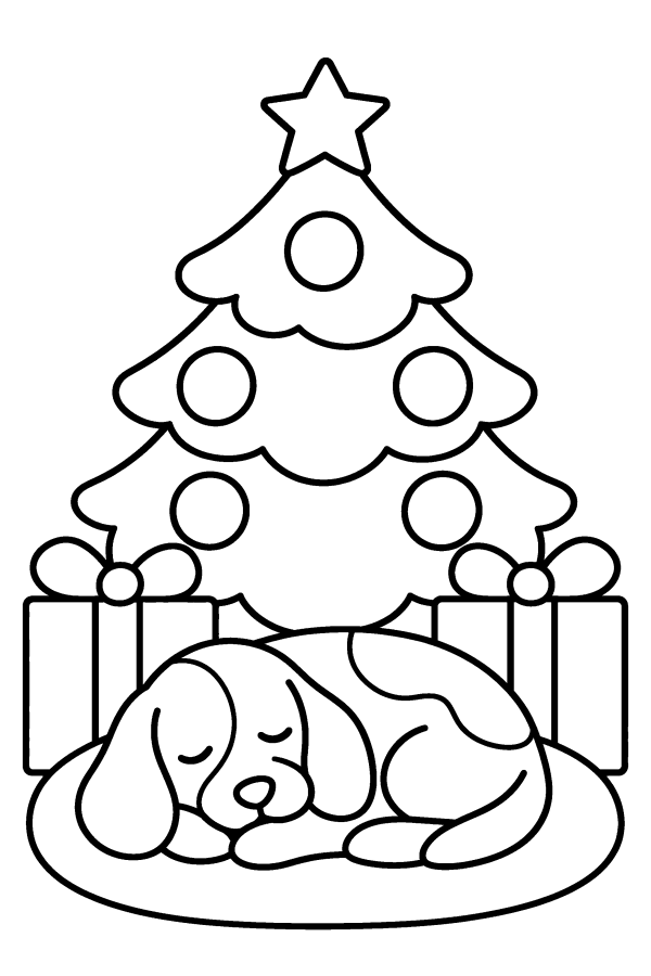 Albero di Natale da colorare: un cagnolino dorme sotto l'albero di Natale