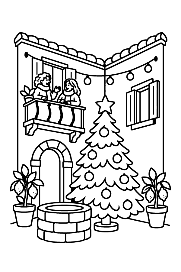 Albero di Natale da colorare: l'albero di Natale nel cortile di un antico palazzo