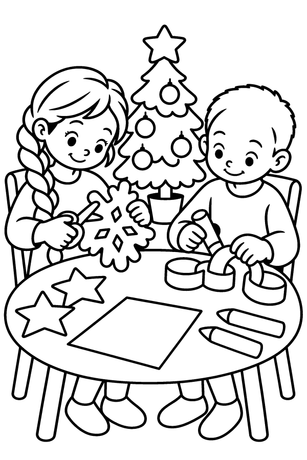 Albero di Natale da colorare: due bambini preparano le decorazioni di carta per l'albero