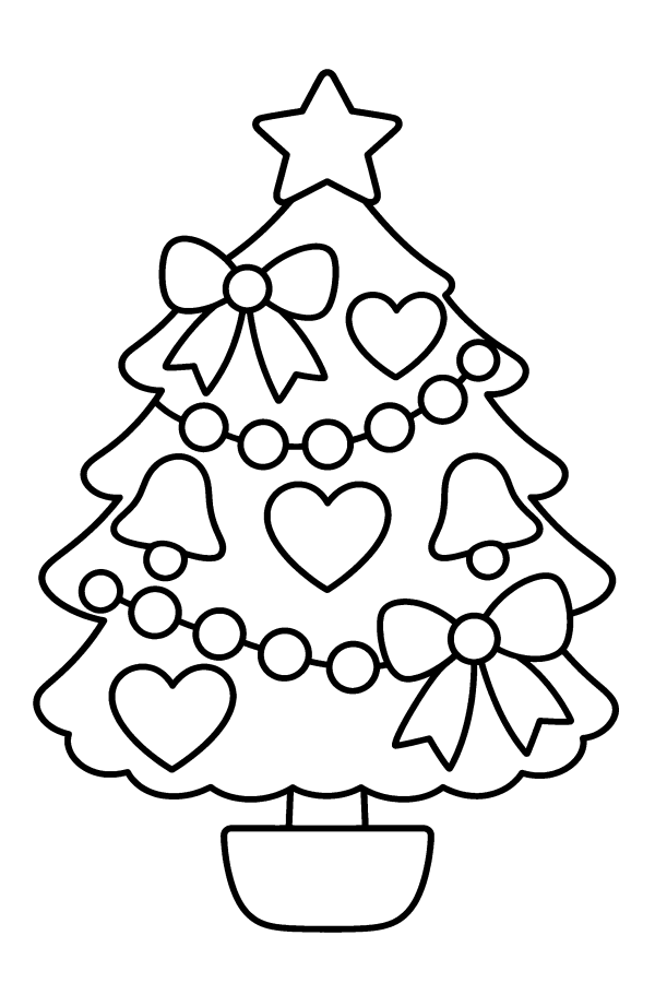 Albero di Natale da colorare: un albero di Natale con fiocchi, cuori e campanelle