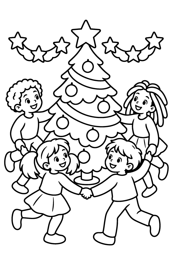 Albero di Natale da colorare: i bambini fanno il girotondo intorno all'albero di Natale