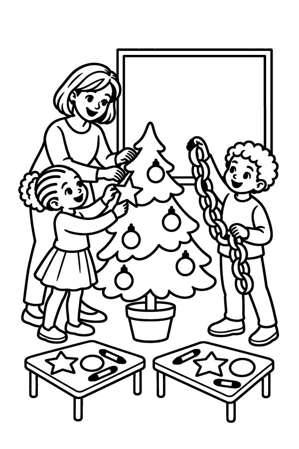 Albero di Natale da colorare: la maestra e i bambini addobbano l'albero in classe