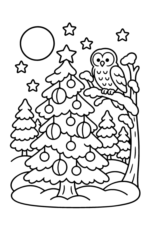 Albero di Natale da colorare: un abete addobbato nel bosco di notte, con la luna piena e un gufo