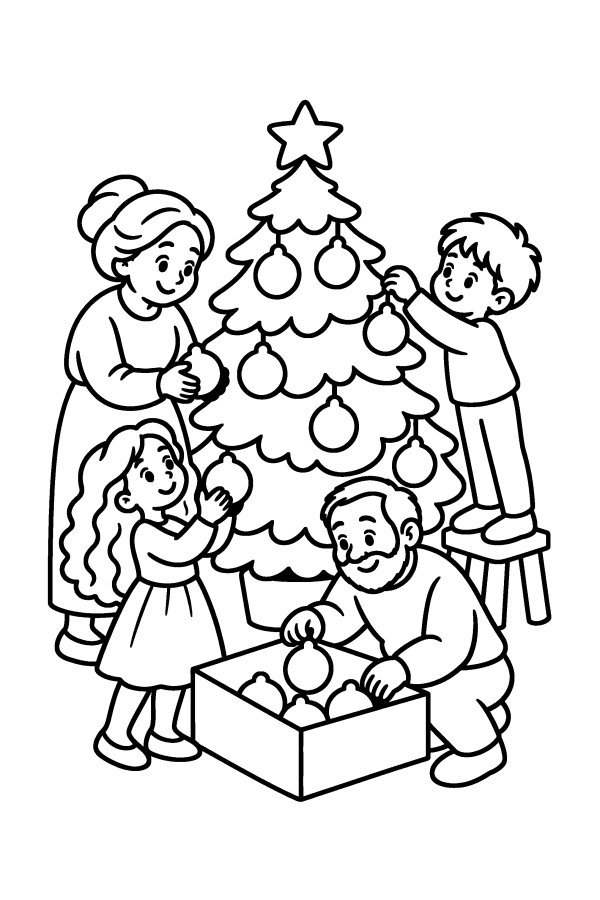 Albero di Natale da colorare: i nonni e i nipoti appendono le vecchie palline all'albero