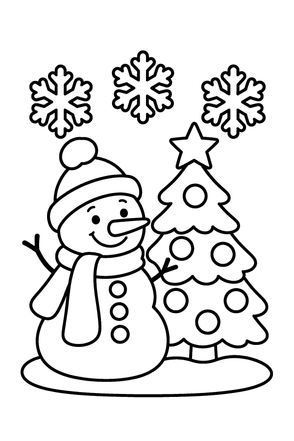 Albero di Natale da colorare: un pupazzo di neve accanto a un abete addobbato
