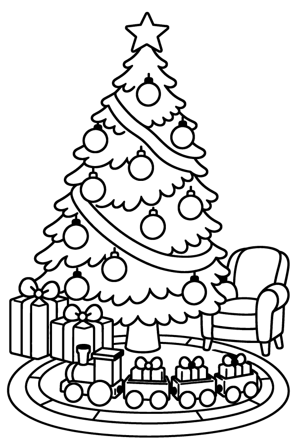 Albero di Natale da colorare: un trenino di legno intorno all'albero di Natale