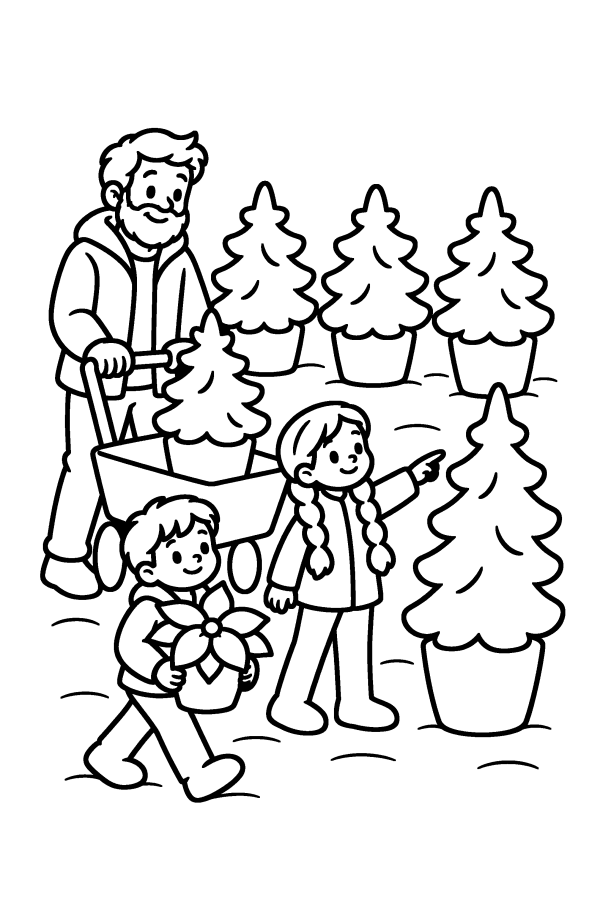 Albero di Natale da colorare: una famiglia sceglie l'abete in vaso al vivaio