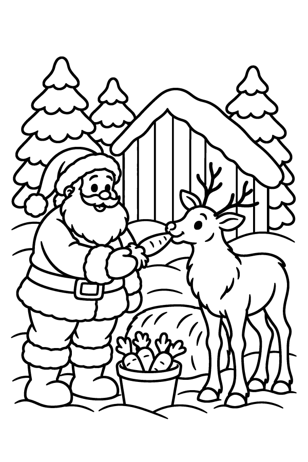 Babbo Natale da colorare: Babbo Natale dà una carota a una renna