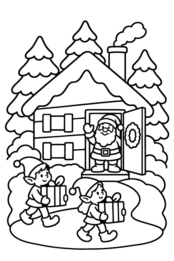 Babbo Natale da colorare: la casa di Babbo Natale nel bosco innevato