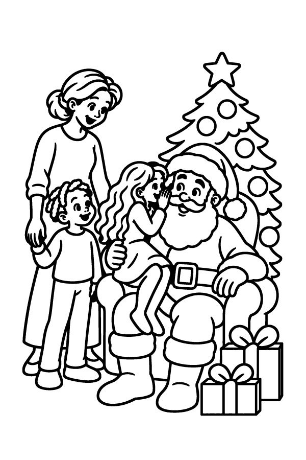 Babbo Natale da colorare: una bambina sussurra il suo desiderio a Babbo Natale