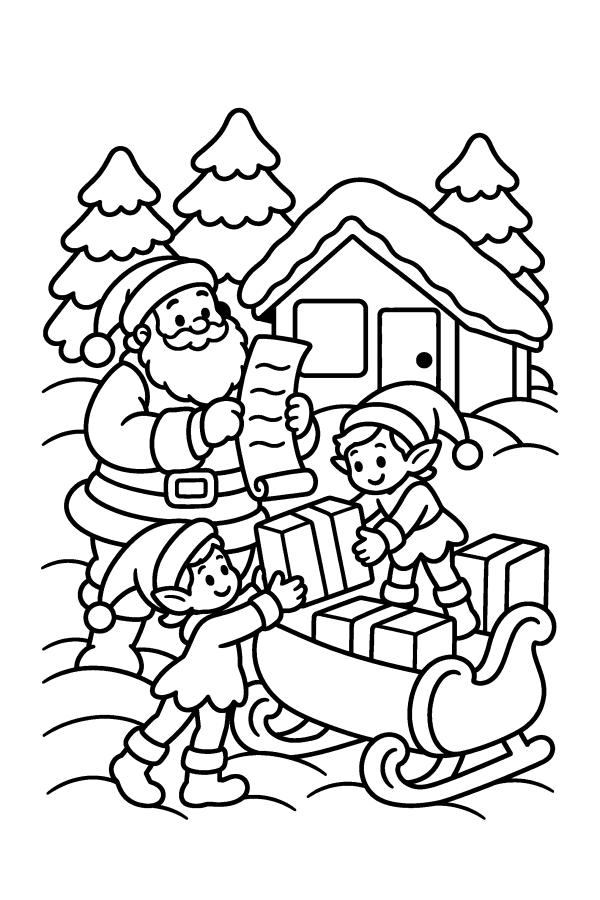 Babbo Natale da colorare: gli elfi caricano i regali sulla slitta di Babbo Natale
