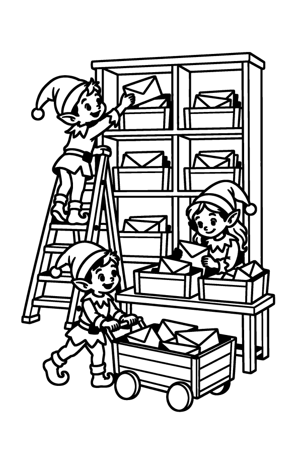 Babbo Natale da colorare: gli elfi smistano le letterine per Babbo Natale