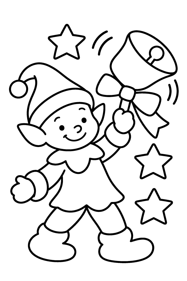 Babbo Natale da colorare: un elfo suona una grande campanella