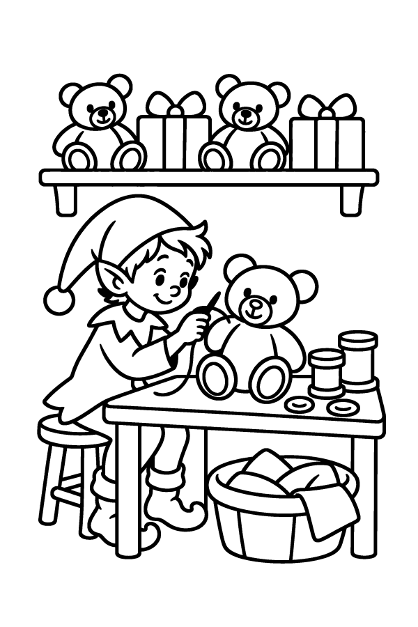 Babbo Natale da colorare: un elfo cuce un orsacchiotto nel laboratorio