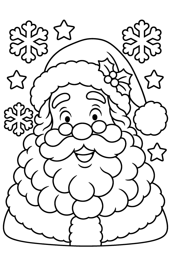 Babbo Natale da colorare: la faccia di Babbo Natale da vicino, con la barba piena di riccioli
