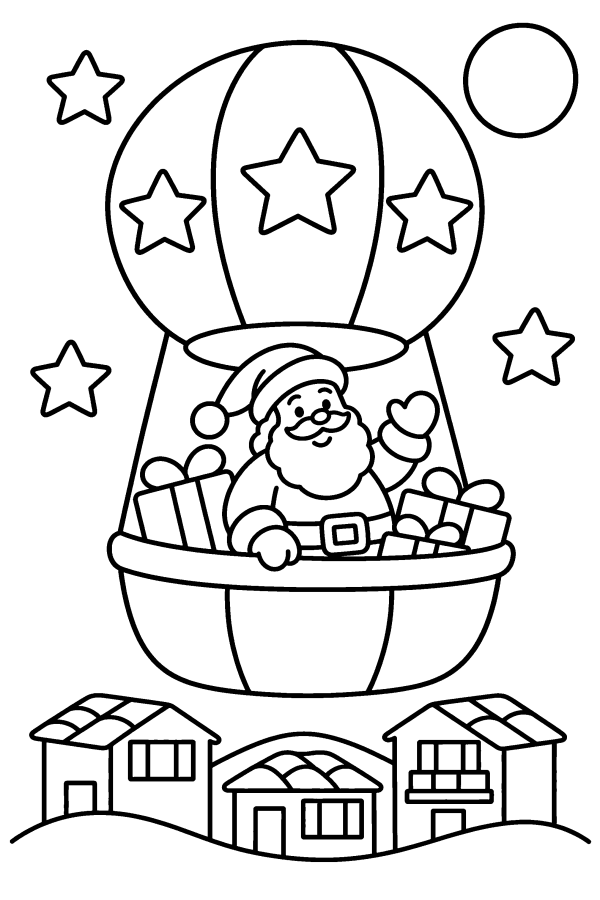 Babbo Natale da colorare: Babbo Natale porta i regali in mongolfiera