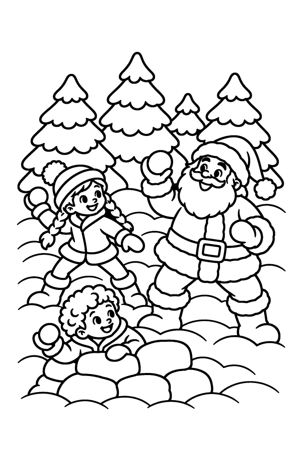 Babbo Natale da colorare: Babbo Natale gioca a palle di neve con i bambini