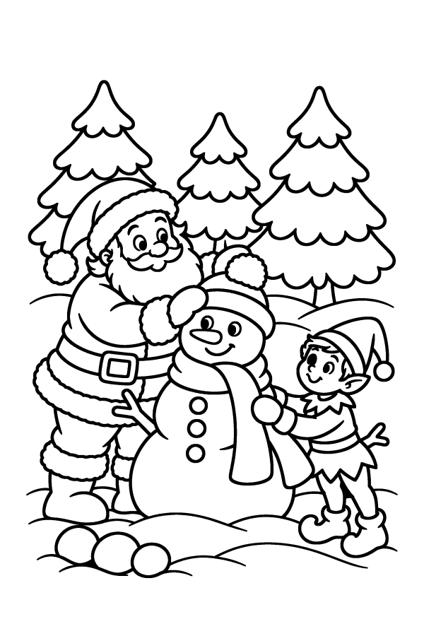 Babbo Natale da colorare: Babbo Natale e un elfo fanno un pupazzo di neve