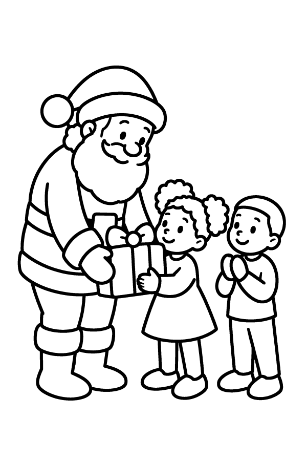 Babbo Natale da colorare: Babbo Natale porta un regalo a due bambini