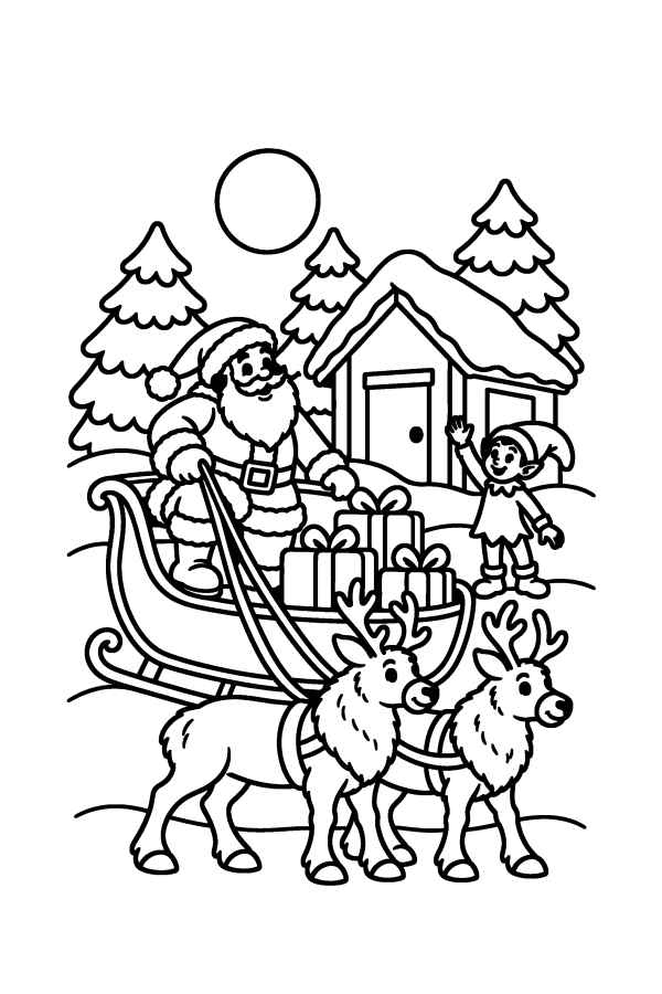 Babbo Natale da colorare: Babbo Natale sale sulla slitta con le renne pronte a partire