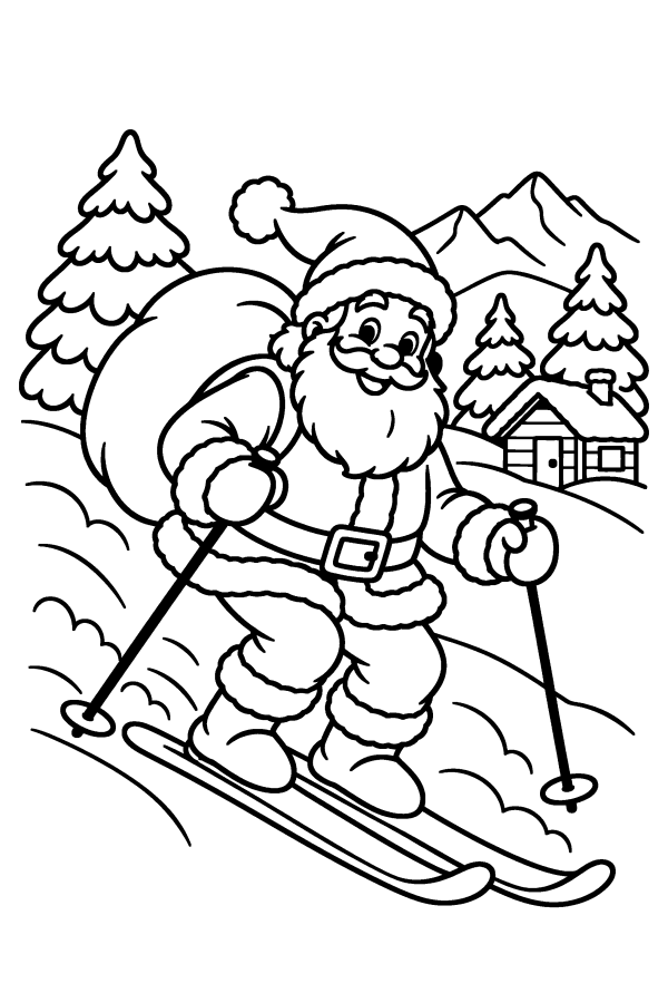 Babbo Natale da colorare: Babbo Natale scende sugli sci con il sacco