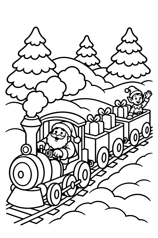 Babbo Natale da colorare: Babbo Natale guida un trenino carico di regali nel bosco