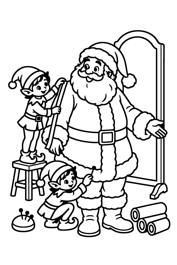 Babbo Natale da colorare: due elfi aiutano Babbo Natale a provare il vestito nuovo