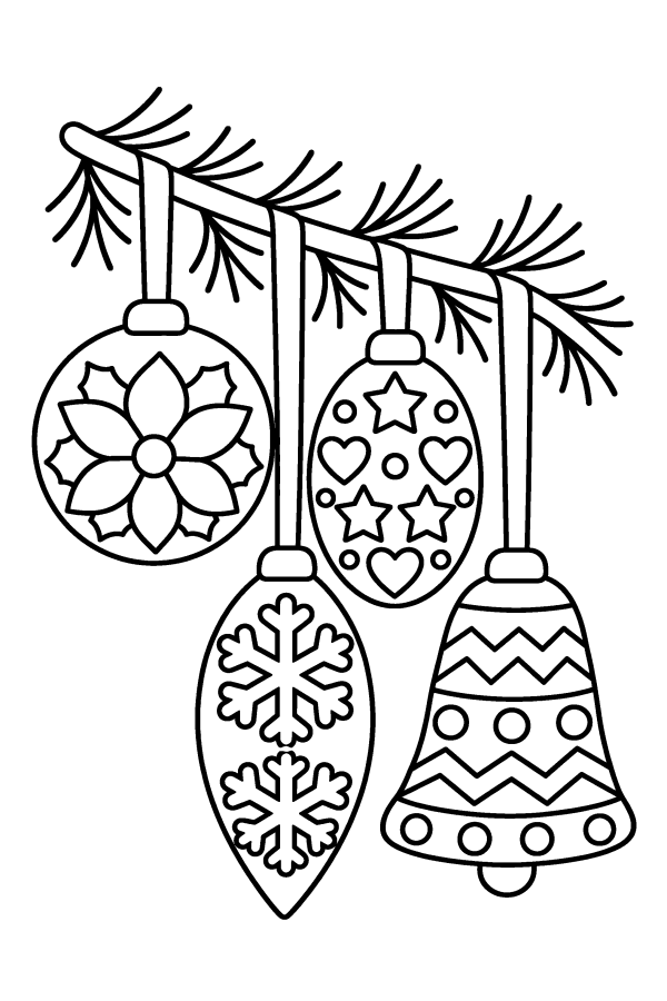 Palline di Natale da colorare: palline di Natale di forme diverse con fiori e fiocchi di neve