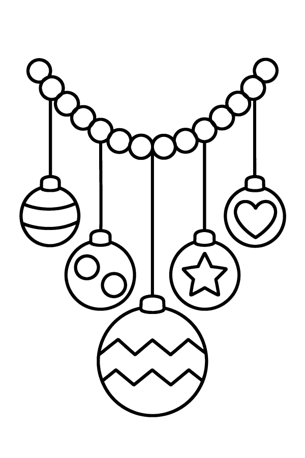 Palline di Natale da colorare: palline di Natale con righe, pois e cuori appese a un filo di perline