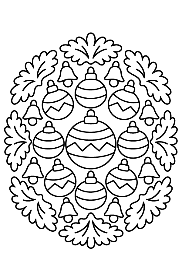 クリスマスの塗り絵：オーナメントとベルのマンダラ