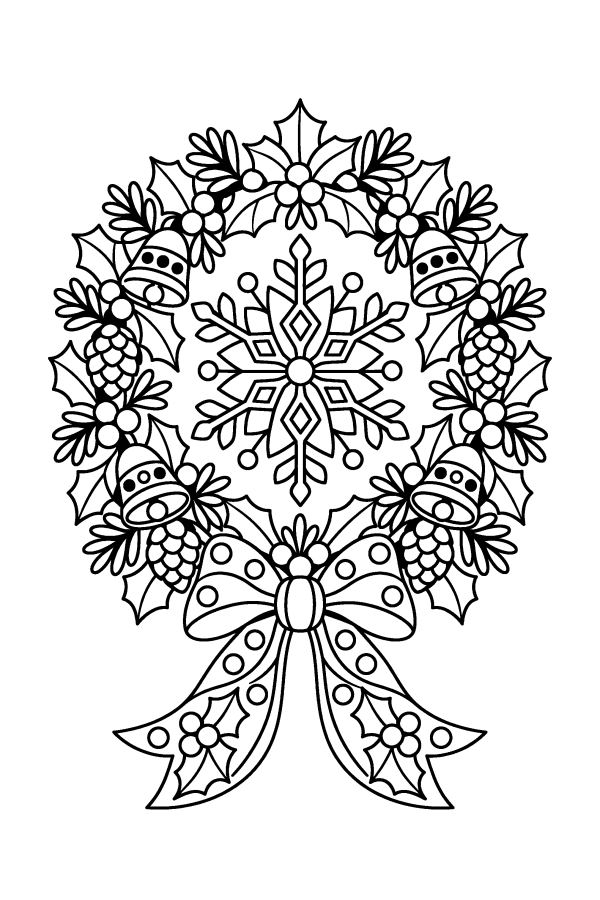 クリスマスの塗り絵：ヒイラギのリースのマンダラ