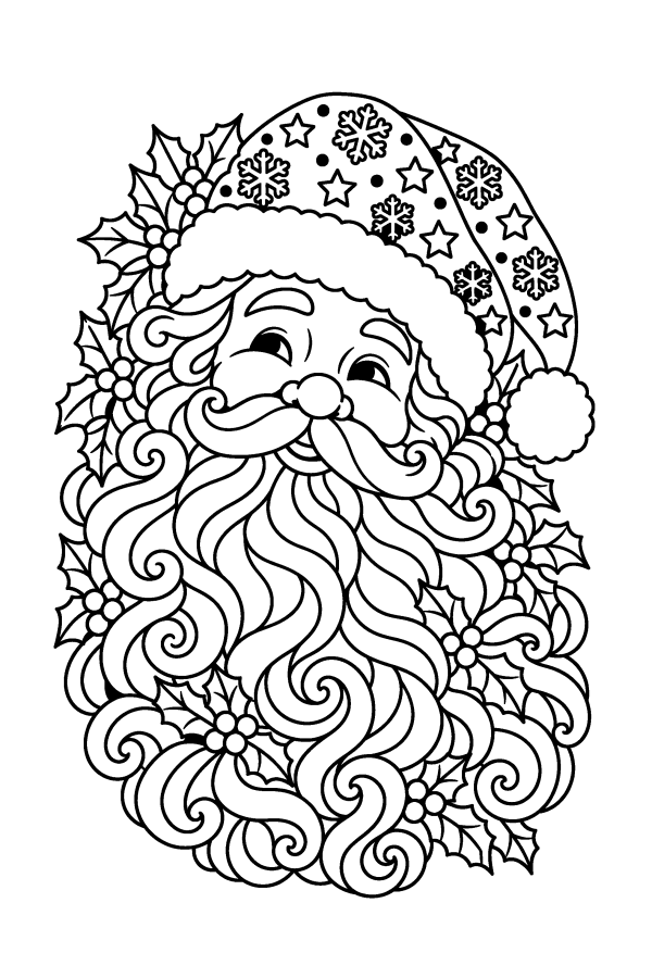 クリスマスの塗り絵：細かい模様のサンタの顔