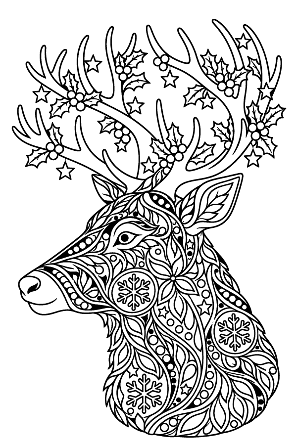 クリスマスの塗り絵：細かい模様のトナカイの顔