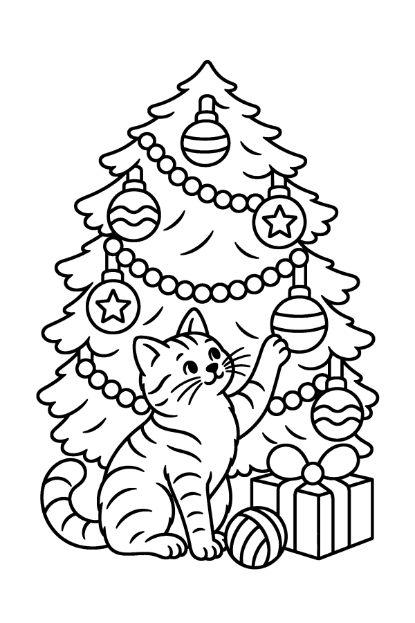クリスマスの塗り絵：ツリーの下でオーナメントとあそぶねこ
