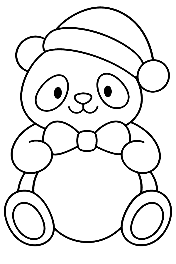 クリスマスの塗り絵：サンタの帽子をかぶって、リボンのついた大きな玉をかかえたパンダ