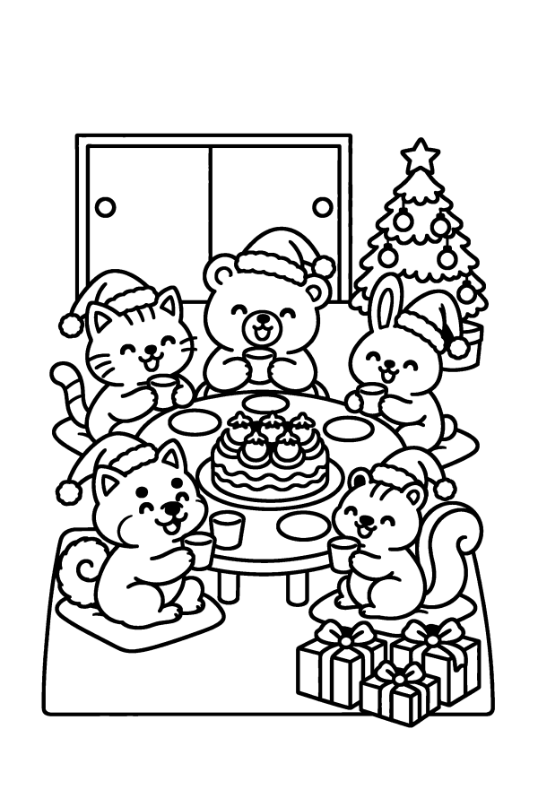 クリスマスの塗り絵：ケーキをかこむどうぶつたちのクリスマスパーティー