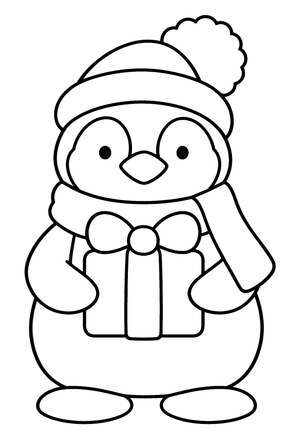 クリスマスの塗り絵：プレゼントをもった、帽子とマフラーのペンギン