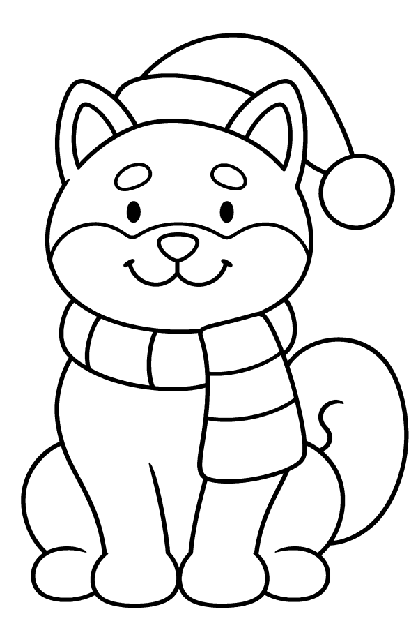 クリスマスの塗り絵：サンタの帽子とマフラーの柴犬