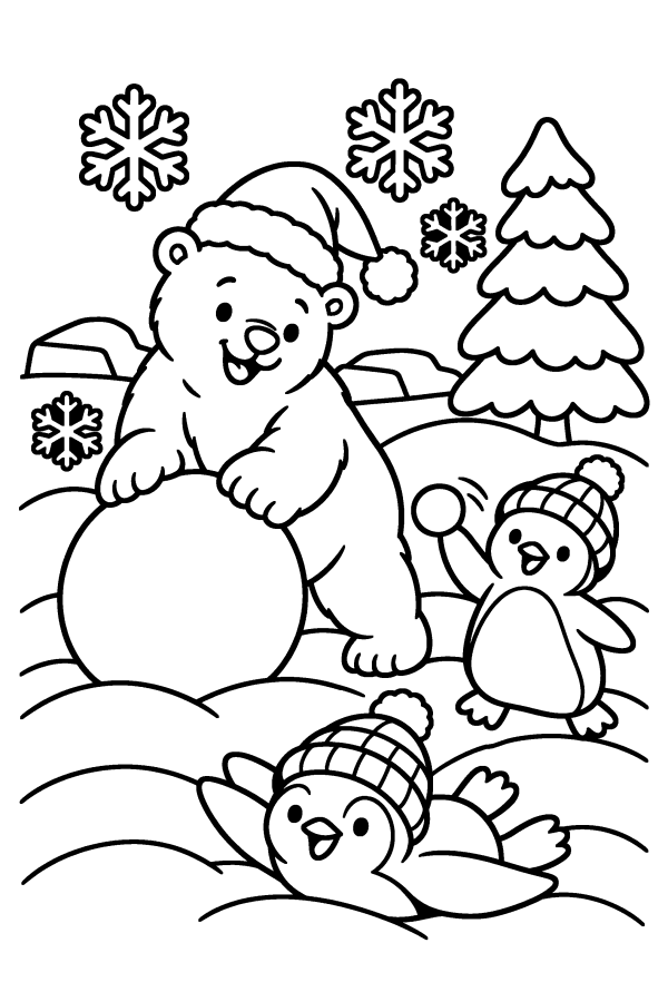 クリスマスの塗り絵：雪あそびをするしろくまとペンギン