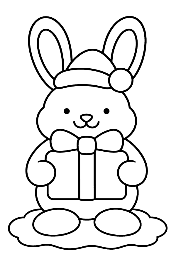 クリスマスの塗り絵：サンタの帽子をかぶって、プレゼントをもつうさぎ