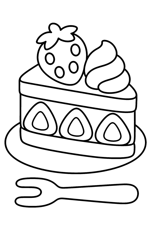 クリスマスの塗り絵：お皿にのった、切り分けたいちごのショートケーキ