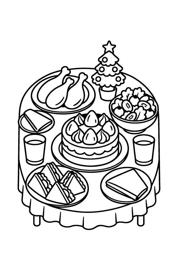 クリスマスの塗り絵：ケーキとチキンが並ぶクリスマスのごちそうテーブル