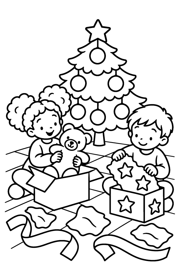 クリスマスの塗り絵：ツリーの前でプレゼントをあける2人の子ども