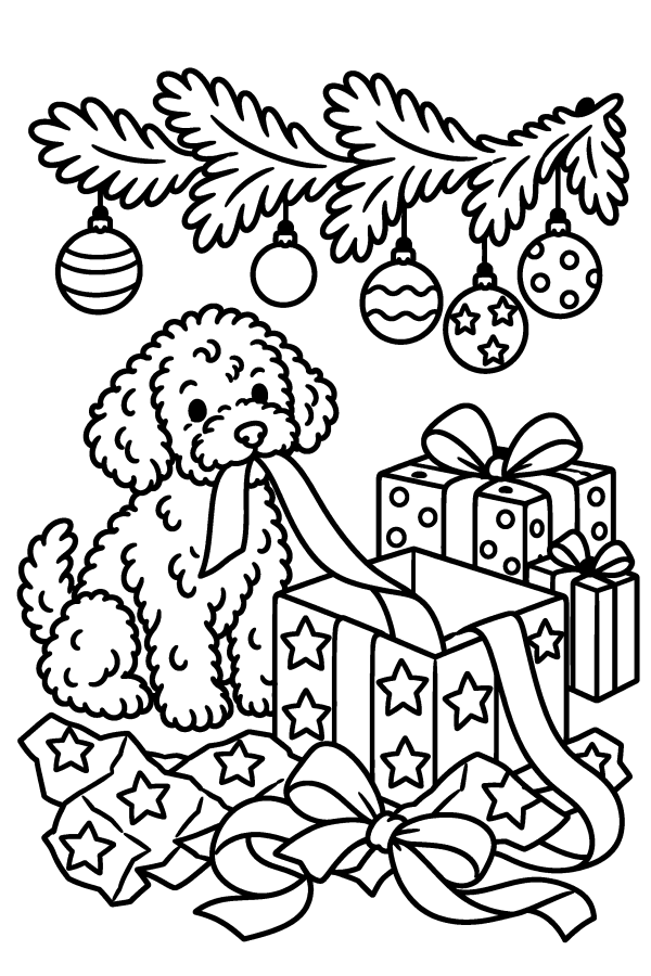 クリスマスの塗り絵：プレゼントのリボンであそぶ子犬