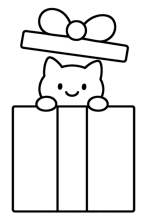 クリスマスの塗り絵：プレゼントの箱から顔を出すねこ