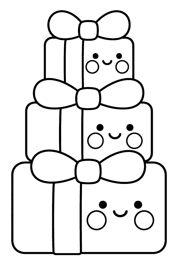 クリスマスの塗り絵：にこにこ顔の、つみかさねたプレゼント