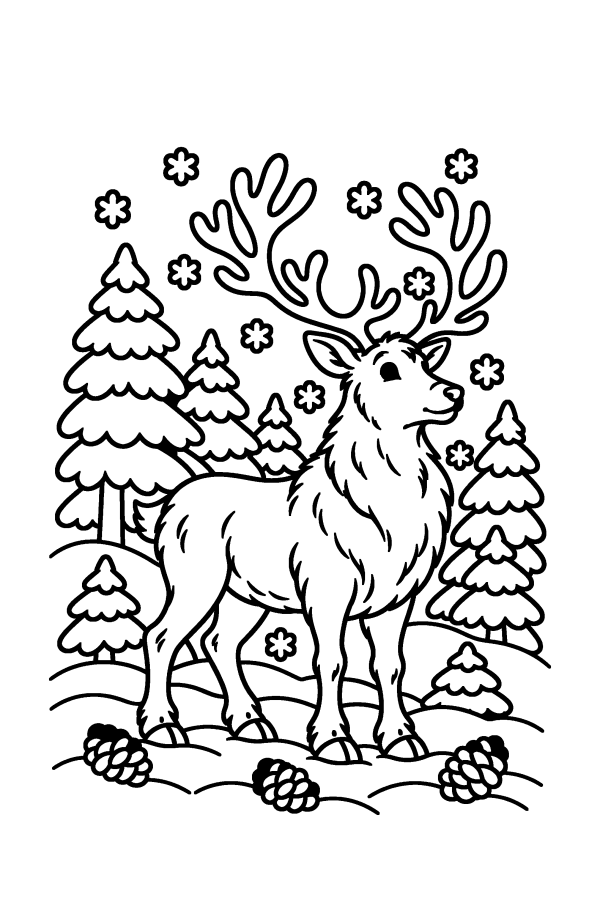 クリスマスの塗り絵：雪の森に立つトナカイ