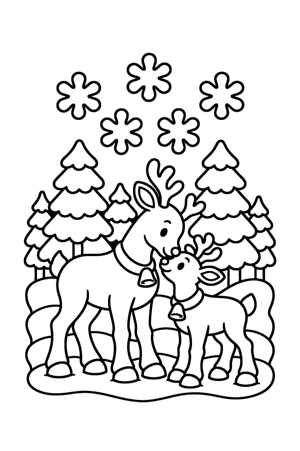 クリスマスの塗り絵：ベルをつけたトナカイのおやこ