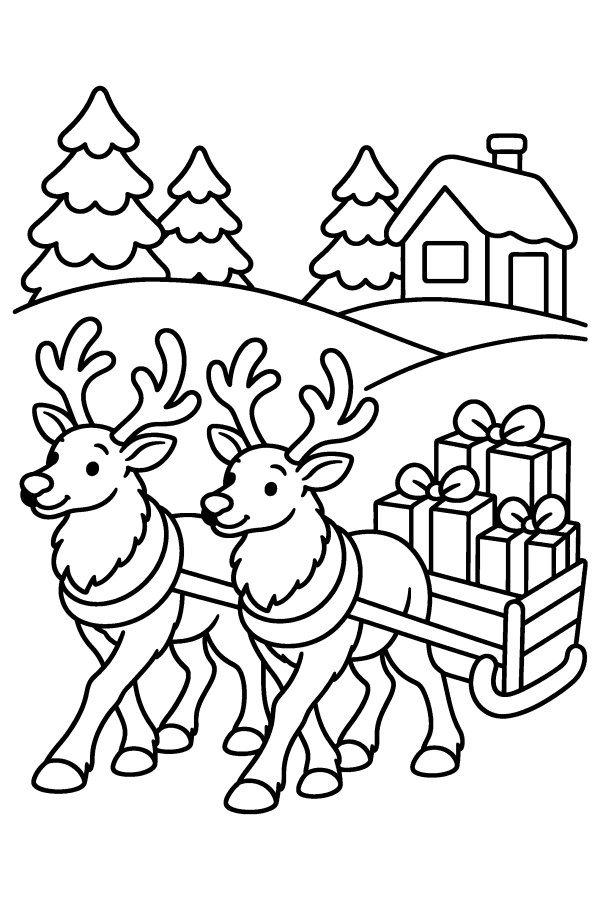 クリスマスの塗り絵：プレゼントをのせたそりを引く2頭のトナカイ